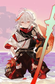 1boy antenna_hair armor asymmetrical_sleeves bandaged_arm bandaged_hand bandages belt belt_buckle black_belt black_gloves black_scarf bow brown_bow brown_shorts buckle closed_mouth commentary_request crossed_bangs fingerless_gloves floating_hair genshin_impact gloves glowing glowing_sword glowing_weapon hair_between_eyes hakama hakama_shorts haori highres japanese_armor japanese_clothes kaedehara_kazuha kimono kneeling leaf_print long_sleeves looking_at_viewer low_ponytail male_focus maple_leaf_print meameeea medium_hair mismatched_sleeves multicolored_hair outdoors pink_sky planted planted_sword planted_weapon pom_pom_(clothes) ponytail red_eyes red_hair red_scarf scarf short_sleeves shorts shoulder_armor sidelocks single_sode sky smile sode solo streaked_hair sword tassel water weapon white_hair white_kimono wide_sleeves