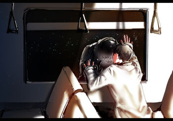 1boy 1other against_glass astronaut black_hair coat condensation head_tilt helmet kim_dokja korean_text looking_at_another omniscient_reader&#039;s_viewpoint roventus short_hair sky space space_helmet spacesuit star_(sky) starry_sky train_interior translation_request white_coat window_fog yoo_joonghyuk