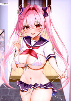 1girl absurdres ahoge artist_name bikini black_bow blue_skirt blush bow breasts cleavage clothes_lift covered_erect_nipples cowboy_shot crossed_bangs dengeki_moeoh front-tie_bikini_top front-tie_top groin hair_between_eyes hair_bow hair_intakes highres huge_ahoge indoors large_breasts long_hair looking_at_viewer magazine_scan micro_bikini microskirt navel neckerchief nervous_smile nervous_sweating open_clothes open_mouth original page_number pink_hair pleated_skirt red_eyes red_neckerchief scan school_uniform serafuku shiny_skin shirt_lift shirt_rolled_up short_sleeves side-tie_bikini_bottom sino_rameko skirt smile solo stomach strap_pull sweat swimsuit third-party_source twintails untied_bikini untied_bikini_bottom very_long_hair white_bikini