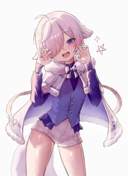1boy ahoge azulasi bad_link blue_eyes blush bow bowtie cape fur_trim hair_over_eyes highres indie_virtual_youtuber kitsenvt long_sleeves open_mouth short_shorts shorts shota star_(symbol) tail thighs virtual_youtuber white_background