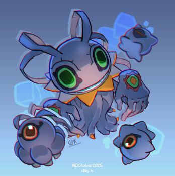 Rule 34 | absurdres, blue background, cwdw, digimon, digimon (creature), evolutionary line, green eyes, group picture, highres, inktober, keramon, kuramon, one-eyed, red eyes, simple background, tsumemon