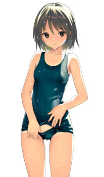 1girl blue_one-piece_swimsuit blush bob_cut breasts brown_eyes cameltoe clothes_pull covered_navel cowboy_shot groin koutaro light_brown_hair medium_hair old_school_swimsuit one-piece_swimsuit one-piece_swimsuit_pull original school_swimsuit school_swimsuit_flap simple_background small_breasts smile swimsuit tan tanline thighs wet wet_clothes wet_hair