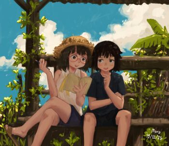 Rule 34 | 2girls, absurdres, artist name, bench, black shirt, black shorts, book, cloud, commentary request, crossed legs, dated, day, hand up, hat, highres, multiple girls, noy00713, open book, original, outdoors, plant, round eyewear, sandals, shirt, short sleeves, shorts, sitting, sleeveless, slice of life, straw hat, thai commentary, vines, white shirt
