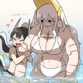 2girls arceus bikini black_bikini black_eyes black_hair blush_stickers breasts commentary fang gen_4_pokemon holding_another's_arm huge_breasts kasugai_(de-tteiu) legendary_pokemon long_hair makhia_(kasugai_(de-tteiu)) maria_(kasugai_(de-tteiu)) mask mask_on_head multicolored_hair multiple_girls muscular muscular_female mythical_pokemon nintendo personification pokemon ponytail regigigas scar scars_all_over sidelocks sweatdrop swimsuit tail tall_female too_many two-tone_hair two_side_up very_long_hair wading water white_bikini white_hair yuri