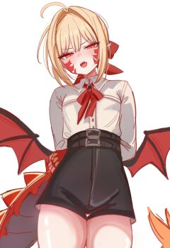 0nineo9 1girl absurdres ahoge arms_behind_back black_shorts blonde_hair dragon_tail dragon_wings facial_tattoo fangs fate/grand_order fate_(series) highres looking_at_viewer nero_claudius_(fate) open_mouth queen_draco_(fate) queen_draco_(first_ascension)_(fate) red_eyes shirt short_hair shorts solo tail tattoo white_shirt wings