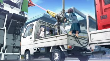 1boy 3girls aiming black_hair black_ribbon blue_eyes blue_sailor_collar blue_sky bow building car casual chuo_tanegashima_high_school_uniform cloud cropped_jacket curious daitoku_junna dark-skinned_female dark_skin day from_behind fukuda_tomonori game_cg green_track_suit grey_hair grey_skirt hair_bow hair_ribbon high-waist_skirt highres jacket kneepits koujiro_frau laser long_hair looking_at_another mecha motor_vehicle multiple_girls nagafukada_mitsuhiko non-web_source official_art outdoors pleated_skirt ribbon right-hand_drive road robot robotics;notes sailor_collar school_uniform science_adventure serafuku short_hair skirt sky standing street thighs track_jacket track_suit truck twintails very_short_hair white_jacket winter_uniform yukifune_airi