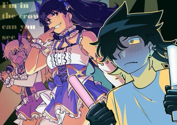 Rule 34 | > <, 3girls, absurdres, armlet, black gloves, black hair, blonde hair, breasts, dress, ear piercing, earrings, english text, ereshkigal (fate), fate/grand order, fate (series), gloves, glowstick, hair over one eye, highres, holding, holding glowstick, holding microphone, hoop earrings, idol, ishtar (fate), jewelry, microphone, multiple girls, open mouth, original, piercing, reverse trap, short dress, small breasts, smile, stud earrings, two side up, vincent-san, vinny (vincent-san), wrist cuffs