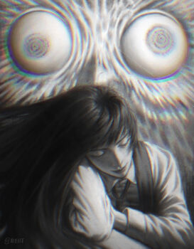 1girl bird chainsaw_man chromatic_aberration closed_eyes closed_mouth collared_shirt dress fourth_east_high_school_uniform greyscale highres long_hair long_sleeves mitaka_asa monochrome owl pinafore_dress ringed_eyes school_uniform shirt sleeveless sleeveless_dress upper_body vey3st war_devil_(chainsaw_man)