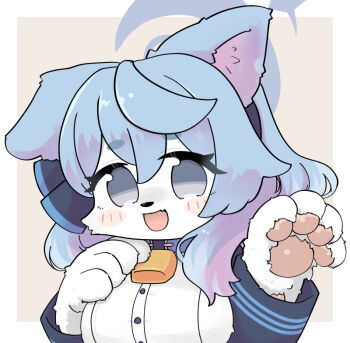 1girl :d ako_(blue_archive) animal_ears bell blue_archive blue_hair blue_jacket blush_stickers border breasts brown_background furrification furry furry_female grey_eyes hair_between_eyes halo hands_up jacket large_breasts long_hair long_sleeves looking_at_viewer miranofuudoria neck_bell open_mouth shirt short_eyebrows sideboob single_ear_down smile solo thick_eyebrows upper_body white_border white_shirt