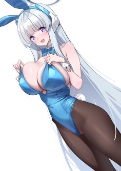 Rule 34 | 1girl, animal ear hairband, animal ears, blue archive, blue leotard, bow, bowtie, breasts, commentary request, detached collar, dutch angle, fake animal ears, fake tail, hairband, halo, herohero (higashi no dou), highleg, highleg leotard, highres, large breasts, leotard, long hair, looking at viewer, mechanical halo, noa (blue archive), pantyhose, playboy bunny, purple eyes, rabbit ear hairband, rabbit ears, smile, solo, strapless, strapless leotard, tail, white background, white hair, white halo, white wrist cuffs, wrist cuffs