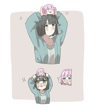 ! !! 2girls :d anyoji_hime black_hair blue_eyes blunt_bangs blunt_ends blunt_sidelocks bob_cut cardigan caught character_doll collarbone doll doll_on_head green_cardigan green_eyes green_sweater hair_intakes holding holding_doll link!_like!_love_live! long_hair long_sleeves looking_at_another love_live! momose_ginko momose_ginko_(sega_lucky_lottery_sleepwear) multiple_girls nesoberi official_alternate_costume open_cardigan open_clothes open_mouth peeking pink_hair s_(y7555128265305) short_hair sidelocks smile sweater virtual_youtuber