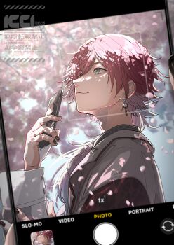 absurdres black_nails camera_phone cellphone closed_mouth earrings green_eyes hand_up highres holding holding_phone icci_1 jewelry lauren_iroas long_hair long_sleeves looking_up male_focus nijisanji phone ponytail pov pov_hands red_hair side_ponytail smile tree upper_body viewfinder virtual_youtuber