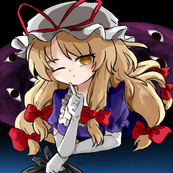 Rule 34 | 1girl, bag, black bag, blonde hair, bow, commentary request, dress, elbow gloves, finger to mouth, frilled sleeves, frills, gap (touhou), gloves, gradient background, hair bow, hat, hat ribbon, heripantomorrow, holding, holding bag, long hair, low-tied sidelocks, mob cap, multiple hair bows, one eye closed, parted bangs, purple dress, red bow, red ribbon, ribbon, ringed eyes, shushing, sidelocks, solo, touhou, very long hair, white gloves, yakumo yukari, yellow eyes