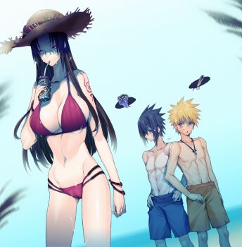 Rule 34 | 1girl, 2boys, beach, black hair, breasts, brother and sister, genderswap, genderswap (mtf), hat, huge breasts, jewelry, long hair, multiple boys, nail polish, naruto (classic), naruto (series), necklace, red eyes, siblings, uchiha itachi, uchiha sasuke, uzumaki naruto, zokenwatarushi