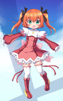 1girl :d back_bow black_ribbon blue_sky blush boots bow breasts cloud cloudy_sky commentary cross-laced_clothes cross-laced_dress crossed_bangs dress frilled_thighhighs frills full_body geo_(yukishitadou) gloves green_eyes hair_between_eyes hair_ribbon highres kaitou_tenshi_twin_angel long_hair long_sleeves looking_at_viewer magical_girl minazuki_haruka_(twin_angel) multicolored_dress open_mouth orange_hair outstretched_arms petticoat pigeon-toed pink_bow pink_dress puffy_long_sleeves puffy_sleeves red_boots red_dress ribbon short_dress shoulder_pads sky small_breasts smile solo spread_arms spread_fingers standing tareme teeth thighhighs twin_angel twintails two-tone_dress upper_teeth_only white_gloves white_thighhighs zettai_ryouiki