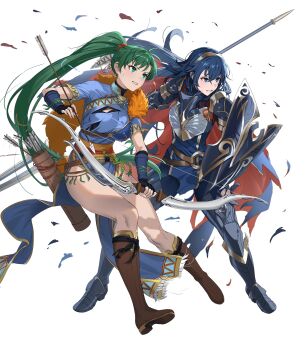 2girls armor belt blue_eyes blue_gloves blue_hair boots bow_(weapon) brand_of_the_exalt breastplate breasts clenched_teeth damaged earrings fingerless_gloves fire_emblem fire_emblem:_the_blazing_blade fire_emblem_awakening fire_emblem_heroes gloves green_eyes green_hair highres holding holding_polearm holding_weapon jewelry large_breasts long_hair lucina_(brave_princess)_(fire_emblem) lucina_(fire_emblem) lyn_(brave_lady)_(fire_emblem) lyn_(fire_emblem) multiple_girls nintendo non-web_source o-ring o-ring_belt official_alternate_costume official_art pelvic_curtain polearm ponytail shield teeth tiara torn_clothes very_long_hair weapon