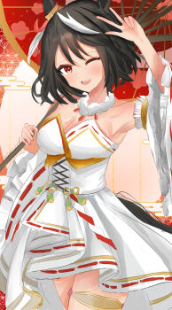 Rule 34 | 1girl, ahoge, animal ears, arm up, armpits, bare shoulders, black hair, breasts, cleavage, commentary request, cowboy shot, detached sleeves, ear ornament, food, frills, highres, holding, holding mallet, horse ears, horse girl, kine, kitasan black (jubilant star auspicious crane) (umamusume), kitasan black (umamusume), long sleeves, looking at viewer, mallet, medium breasts, mochi, mochi trail, multicolored hair, official alternate costume, red eyes, redbean chan, short hair, smile, solo, streaked hair, teeth, umamusume, upper teeth only, white hair