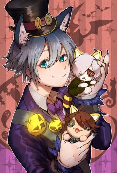 3boys andrew_kreiss animal_ears aqua_eyes black_nails bow bowtie brown_hair bruise bruised_eye bububuki button_eyes buttons fingernails green_eyes grey_hair hair_over_one_eye hat highres holding_chibi identity_v injury jacket looking_at_viewer luca_balsa male_focus mini_hat mini_top_hat multiple_boys official_alternate_costume purple_bow purple_bowtie purple_jacket raccoon_ears raccoon_tail red_eyes sharp_fingernails smile tail top_hat upper_body victor_grantz victor_grantz_(specter) white_hair wolf_ears