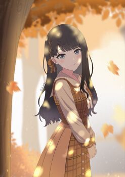 1girl autumn_leaves black_hair braid button_dress dappled_sunlight dress grey_eyes hair_behind_ear hair_ribbon happy_enjoy_music!_(project_sekai) highres hoshino_ichika_(project_sekai) ja_10032 leaf light_smile long_hair long_sleeves looking_at_viewer official_alternate_costume official_alternate_hairstyle parted_bangs pinafore_dress plaid_clothes project_sekai ribbon sailor_collar single_braid sleeveless sleeveless_dress solo sunlight tree