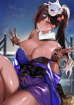 1girl absurdres bare_shoulders black_gloves black_nails blue_kimono blue_sky blush breasts brown_hair closed_mouth cloud collar collarbone commentary_request cowboy_shot dark-skinned_female dark_skin double_w e9ua1 ear_piercing earrings fingernails floral_print fox_mask fur_collar gloves goddess_of_victory:_nikke hair_over_one_eye hands_up high_side_ponytail highres japanese_clothes jewelry kimono knee_up lace lace_gloves large_breasts long_sleeves looking_at_viewer mask mask_on_head mole mole_on_breast mole_under_mouth morning naga_(last_girlhood)_(nikke) naga_(nikke) nail_polish obi off_shoulder official_alternate_costume orange_eyes outdoors piercing print_kimono purple_kimono sash short_kimono side_ponytail sitting sky smile solo two-tone_kimono w white_collar