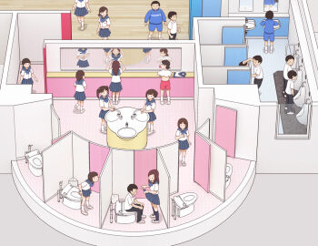 6+boys 6+girls age_difference clothes_lift demonstration flat_chest from_behind kiyo_(kyokyo1220) multiple_boys multiple_girls original panties panty_pull peeing peeing_together presenting public_restroom school school_uniform sitting skirt skirt_lift teacher toilet toilet_stall uncensored underwear washing