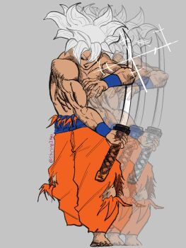 Rule 34 | 1boy, dougi, dragon ball, dragon ball super, highres, holding, holding sword, holding weapon, katana, male focus, orange pants, pants, saiyan, solo, son goku, spiked hair, starving3man, super saiyan, sword, topless male, ultra instinct, weapon