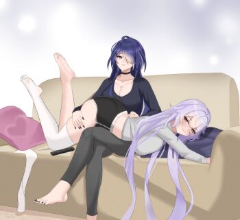 2girls acheron_(honkai:_star_rail) alternate_costume ass barefoot black_choker black_nails black_shorts black_swan_(honkai:_star_rail) breasts casual choker cleavage collarbone controller couch crop_top crossed_legs dolphin_shorts feet feet_up grey_pants hair_intakes hair_over_one_eye hand_on_another&#039;s_thigh hand_on_another&#039;s_waist highres honkai:_star_rail honkai_(series) jewelry large_breasts long_hair long_sleeves looking_at_another lying lying_on_lap lying_on_person midriff multiple_girls on_couch on_stomach pants pillow purple_hair remote_control ring scoop_neck senpaisif shorts signature simple_background single_thighhigh sitting skindentation smile smirk soles the_pose thighhighs tight_clothes tight_pants unworn_thighhighs very_long_hair white_background white_thighhighs yuri