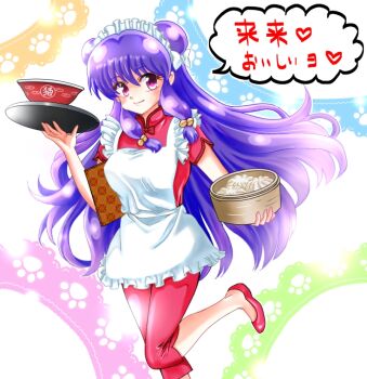 Rule 34 | 1girl, apron, bamboo steamer, bell, bow, bowl, chinese clothes, commentary request, double bun, dumpling, food, hair bell, hair bow, hair bun, hair ornament, holding, holding tray, long hair, maid apron, pants, paw print, potitamagoyaki, purple eyes, purple hair, ranma 1/2, red pants, red shirt, red shoes, shampoo (ranma 1/2), shirt, shoes, smile, tray, white apron, white bow