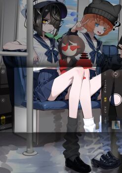 2girls ? @_@ animal_hat annoyed bags_under_eyes bar_censor black_hair black_shoes black_socks blue_eyes blue_ribbon blue_sailor_collar blue_skirt blue_socks breasts cat_hat censored censored_hands character_doll colored_inner_hair convenient_skirt doll double_middle_finger fake_phone_screenshot fake_screenshot fate/grand_order fate_(series) flying_sweatdrops hair_over_one_eye hat highres holding holding_phone kitsunebi44410 knees_together_feet_apart lady_yu_doll legs loafers looking_at_viewer loose_socks middle_finger midriff_peek mismatched_socks mole mole_under_eye multicolored_hair multiple_girls nervous_smile nervous_sweating newsboy_cap orange_eyes orange_hair phone pleated_skirt pov ribbon sailor_collar school_uniform scribble_censor serafuku shirt shoes short_hair sitting skirt small_breasts smile socks sweat taking_picture train_interior two-tone_hair v van_gogh_(fate) viewfinder white_hair white_shirt white_socks xu_fu_(fate)