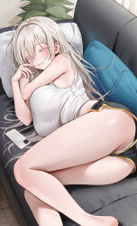Rule 34 | 1girl, absurdres, armpit crease, ass, black shorts, blonde hair, blush, breasts, camisole, closed eyes, colored eyelashes, commission, couch, drooling, gompang 11, hair intakes, highres, indoors, large breasts, lying, mouth drool, on couch, on side, original, panties, panty peek, phone, shiny skin, short shorts, shorts, sleeping, solo, thighs, underwear, upshorts, white camisole, white panties