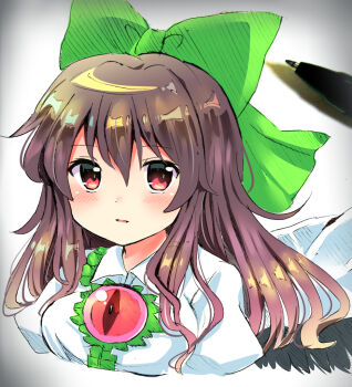 art_tools_in_frame black_wings blush bow brown_hair cape collared_shirt commentary_request cropped_shoulders ear_blush frilled_shirt_collar frills green_bow hair_bow long_hair looking_at_viewer parted_lips ramudia_(lamyun) red_eyes reiuji_utsuho shirt simple_background third_eye touhou traditional_media white_cape white_shirt wings