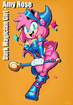 1girl alternate_breast_size amy_rose animal_nose bare_shoulders blue_boots blue_dress blue_hat blush_stickers boots bracelet breasts capelet champchidi character_name cleavage cosplay curvy dark_magician_girl dark_magician_girl_(cosplay) detached_sleeves dress full_body furry furry_female gloves green_eyes hat hedgehog_girl highres holding holding_staff holding_wand jewelry knee_boots large_breasts looking_at_viewer mage_staff microdress neck_ring off-shoulder_dress off_shoulder open_mouth outline pear-shaped_figure pentacle pentagram phrygian_helmet pink_capelet pink_fur pink_hair pink_skirt short_tail showgirl_skirt skirt smile solo sonic_(series) sparkle staff standing standing_on_one_leg tail teeth upper_teeth_only wand white_gloves white_outline wide_hips wizard_hat yu-gi-oh!