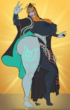 1girl anklet ass barefoot breasts colored_sclera colored_skin curvy female_focus full_body highres huge_ass huge_breasts jewelry lips long_hair lurkergg midna midna_(true) multicolored_skin nail_polish nintendo no_panties orange_hair red_eyes sarong solo the_legend_of_zelda the_legend_of_zelda:_twilight_princess thick_lips thick_thighs thighs toenail_polish toenails topless_female two-tone_skin yellow_sclera