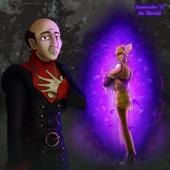 Rule 34 | 1boy, 1girl, armor, armored boots, balding, belt, black belt, black jacket, black sclera, boots, brown eyes, brown hair, bug, butterfly, collar, collared jacket, colored sclera, commentary, english commentary, english text, facing viewer, foolish-hearts, forest, from behind, gold armor, gold necklace, gold skin, golden saint (aureal), grass, hand on own chest, haskill, helmet, insect, jacket, jewelry, juliet sleeves, long sleeves, looking at viewer, nature, necklace, outdoors, portal (object), puffy sleeves, red collar, revealing clothes, scale armor, shoulder armor, skirt, slit pupils, the elder scrolls, the elder scrolls iv: oblivion, through portal, watermark, web address, winged helmet, yellow eyes