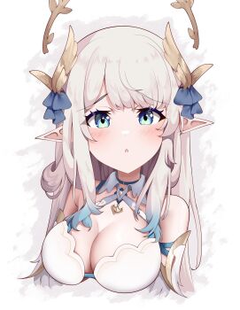 1girl blue_choker blue_eyes blue_hair blue_ribbon blush breasts choker cleavage collar colored_tips eyelashes hair_ornament hair_ribbon highres hikanari_hina long_hair multicolored_eyes multicolored_hair phase_connect pointy_ears reqware ribbon solo star_(symbol) star_in_eye symbol_in_eye upper_body virtual_youtuber white_collar white_hair wing_hair_ornament