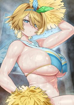 1girl arm_up blue_eyes blush bow_hairband breasts cheerleader closed_mouth earrings girls'_frontline girls'_frontline_2:_exilium hairband highres holding holding_pom_poms huge_breasts jewelry maruko_tooto mole mole_under_eye multicolored_hairband navel nikketa_(girls'_frontline_2) pom_pom_(cheerleading) pom_poms revision sideboob sitting snowflake_earrings solo sweat two-tone_hairband vsk-94_(dance_like_the_blazing_sun)_(girls'_frontline) vsk-94_(girls'_frontline)