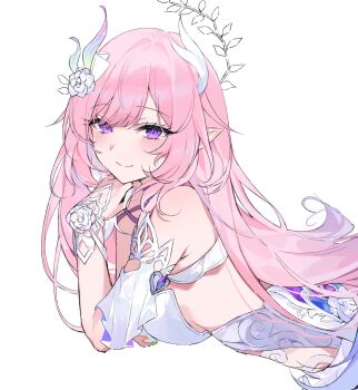 1girl armpit_crease bare_shoulders blush breasts closed_mouth commentary cyrene_(demiurge)_(honkai:_star_rail) cyrene_(honkai:_star_rail) dress english_commentary flower hair_flower hair_ornament head_rest highres honkai:_star_rail honkai_(series) kjo_(kjobutcool) large_breasts long_hair looking_at_viewer parted_bangs pink_hair pointy_ears purple_eyes short_sleeves simple_background smile solo swept_bangs upper_body white_background white_dress white_flower