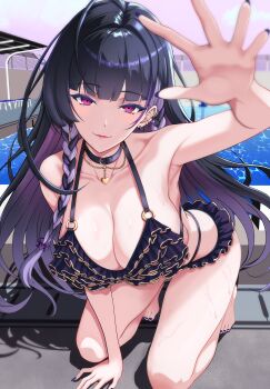 1girl absurdres ahoge arm_support arm_up armpits bare_shoulders barefoot belt_collar bench bikini black_bikini black_hair blunt_bangs braid breasts cleavage collar collarbone colored_inner_hair commentary_request feet fingernails floating_hair frilled_bikini frills full_body gold_necklace gold_trim head_tilt heart heart_necklace highres jewelry kneeling large_breasts leaning_forward legs long_fingernails long_hair looking_at_viewer meloco_kyoran multicolored_hair nail_polish necklace nijisanji nijisanji_en o-ring o-ring_top open_hand outdoors parted_lips pool poolside purple_eyes purple_hair purple_nails reaching reaching_towards_viewer sidelocks solo streaked_hair sugisita_0920 swimsuit thighs toenail_polish toenails twin_braids very_long_hair virtual_youtuber water wet
