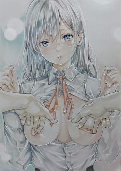 1boy 1girl blue_eyes breasts breasts_out collared_shirt grey_hair hands_up highres katsu_(24791909) long_hair looking_at_viewer medium_breasts neck_ribbon nipple_stimulation nipple_tweak nipples no_bra open_clothes open_shirt original partially_unbuttoned pov pov_hands red_ribbon ribbon shirt spread_nipple traditional_media upper_body wet white_shirt