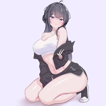 1girl absurdres ahoge akaiv_studio bare_shoulders between_legs black_hair black_jacket black_shorts black_socks blue_eyes breasts camisole choker cleavage closed_mouth commentary crop_top dolphin_shorts full_body hand_between_own_legs hand_up highres jacket kneeling korean_commentary large_breasts long_hair long_sleeves looking_at_viewer midriff navel off_shoulder open_clothes open_jacket rapid17 shirt shoes short_shorts shorts simple_background sleeveless sleeveless_shirt smile socks solo spaghetti_strap sports_bra stomach thighs v virtual_youtuber white_shirt white_sports_bra yeorumi_(vtuber)