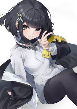 1girl arknights arknights:_endfield black_eyes black_hair black_jacket black_pantyhose chinese_commentary closed_mouth commentary_request endministrator_(arknights) female_endministrator_(arknights) green_eyes hair_ornament highres jacket long_sleeves looking_at_viewer off_shoulder pantyhose ribbed_sweater short_hair signature simple_background smile solo sweater two-sided_fabric two-sided_jacket v white_background white_jacket white_sweater youqia