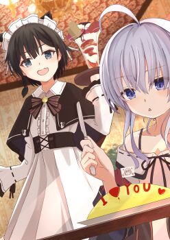 2girls absurdres ahoge apron black_capelet black_hair blue_eyes bow bowtie brown_bow brown_bowtie capelet center_frills collarbone commentary_request dessert dress elaina_(majo_no_tabitabi) elumina1213 food frills grey_eyes hair_between_eyes highres holding holding_knife holding_tray knife long_hair looking_at_viewer maid_apron maid_headdress majo_no_tabitabi multiple_girls omelet omurice open_mouth saya_(majo_no_tabitabi) smile tray white_apron white_dress