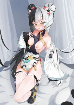 1girl absurdres ahoge bare_shoulders between_breasts black_hair black_shoes blush braid braided_twintails breasts china_dress chinese_clothes collarbone commentary corded_phone detached_sleeves dialyn_(zenless_zone_zero) dress earrings english_commentary full_body green_eyes hair_extensions hair_intakes hair_ornament hairclip half-closed_eyes highres holding holding_phone jewelry long_hair looking_at_viewer multicolored_hair multicolored_nails necktie nipples open_mouth panda_hair_ornament phone pussy pussy_juice red_nails ring_hair_extensions shoes skaiimi small_breasts solo sparkling_eyes split-color_hair sweat textless_version thighhighs white_hair white_thighhighs wire yellow_necktie zenless_zone_zero