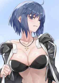 1girl absurdres annoyed bikini black_bikini blue_eyes blue_hair breasts c.i.e.l_(fate) mysterious_executor_c.i.e.l_(fate) ciel_(tsukihime) cleavage cross cross_necklace disgust highres jacket jewelry large_breasts necklace open_clothes open_jacket short_hair swimsuit tsukihime umeo_(pixiv51103813)