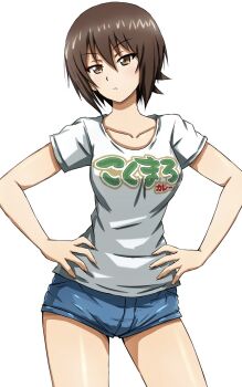 1girl blue_shorts breasts brown_eyes brown_hair clothes_writing eyes_visible_through_hair girls_und_panzer hair_between_eyes hands_on_own_hips highres large_breasts looking_to_the_side nishizumi_maho omachi_(slabco) shirt short_hair shorts simple_background solo t-shirt upper_body white_background white_shirt
