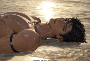 1boy beach cohoochiedust from_side highres love_and_deepspace lying male_focus parted_lips short_hair sunlight water_drop watermark wet wet_hair zayne_(love_and_deepspace)