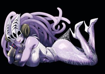 archfiend_highness bare_shoulders breasts colored_skin comic_hand commentary covered_eyes demon demon_girl fishnet_pantyhose fishnets high_heels highres horns lace_pantyhose_hooked_on_heel_(meme) large_breasts looking_at_viewer meme pantyhose purple_skin symbol-only_commentary tentacle_hair yu-gi-oh!