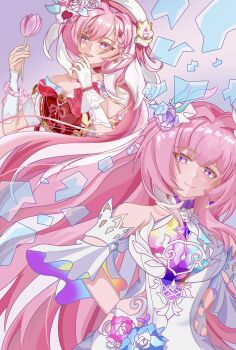 2girls absurdres bare_shoulders beret breasts broken_glass chinese_commentary commentary_request company_connection cyrene_(honkai:_star_rail) cyrene_(ripples_of_past_reverie)_(honkai:_star_rail) detached_sleeves diamond-shaped_pupils diamond_(shape) dress elf elysia_(hi_love_elf)_(honkai_impact) elysia_(honkai_impact) flower fox6269883 glass gloves hair_flower hair_ornament hat highres holding holding_flower honkai:_star_rail honkai_(series) honkai_impact_3rd inoue_marina large_breasts long_hair looking_at_viewer multicolored_hair multiple_girls pink_flower pink_hair pink_tulip pointy_ears purple_eyes red_dress single_glove smile symbol-shaped_pupils tulip two-tone_hair very_long_hair voice_actor_connection white_dress white_gloves white_hair yanning