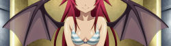 1girl animated anime_screenshot bra breasts demon_girl demon_wings highres itadaki!_seieki red_hair setogaya_mari solo stitched striped_bra striped_clothes third-party_edit underwear vampire video wings