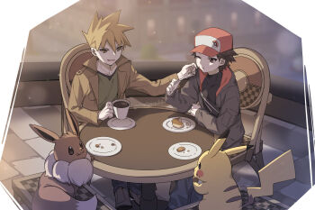 2boys 88_(einnimnech) :t alternate_costume black_shirt blue_oak brown_eyes brown_hair brown_jacket chair closed_mouth commentary_request cup eating eevee food food_on_face fork gen_1_pokemon green_shirt hair_between_eyes highres holding holding_cup holding_fork jacket male_focus multiple_boys nintendo pants pikachu plate pokemon pokemon_(creature) red_(pokemon) shirt short_hair sitting spiked_hair table